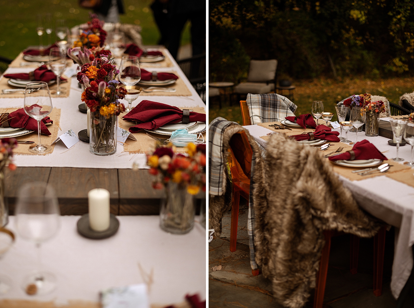 Detail shots of Reception table with autumn flower centerpieces