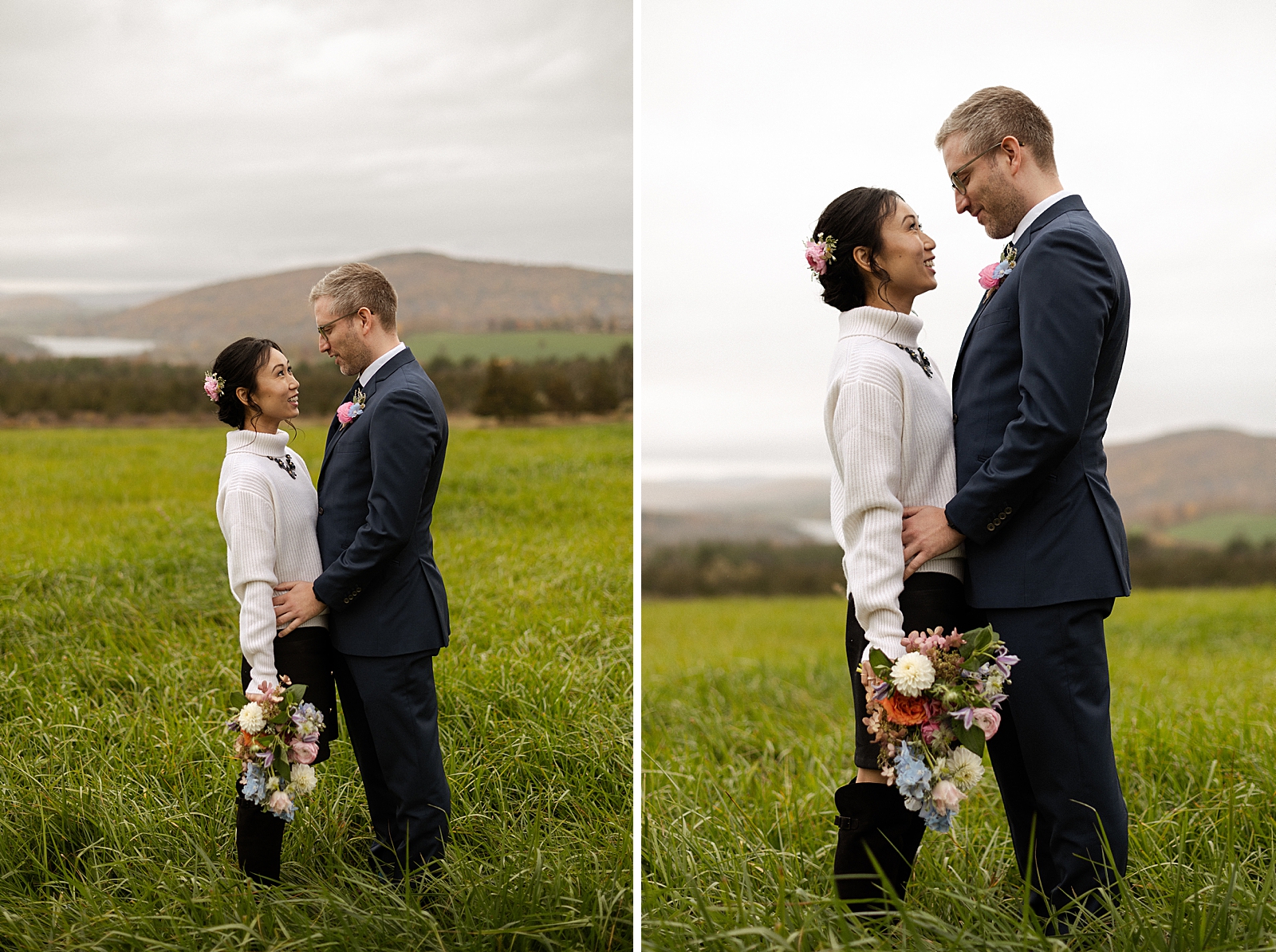Bride and Groom standing in front of each other on grassy field