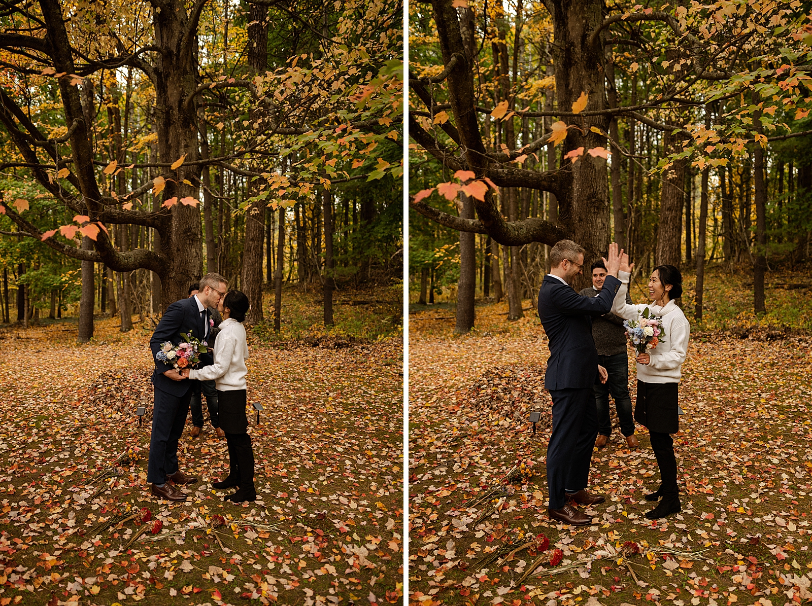 Just married Bride and Groom kissing and high fiving in forest