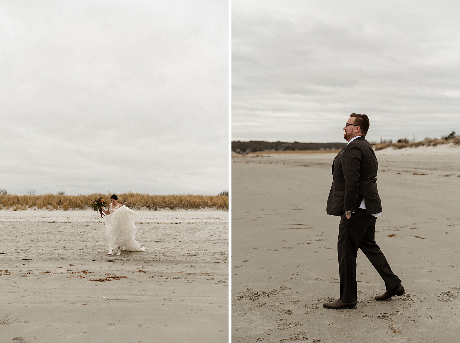 Individual portraits of Bride and Groom walking on sand