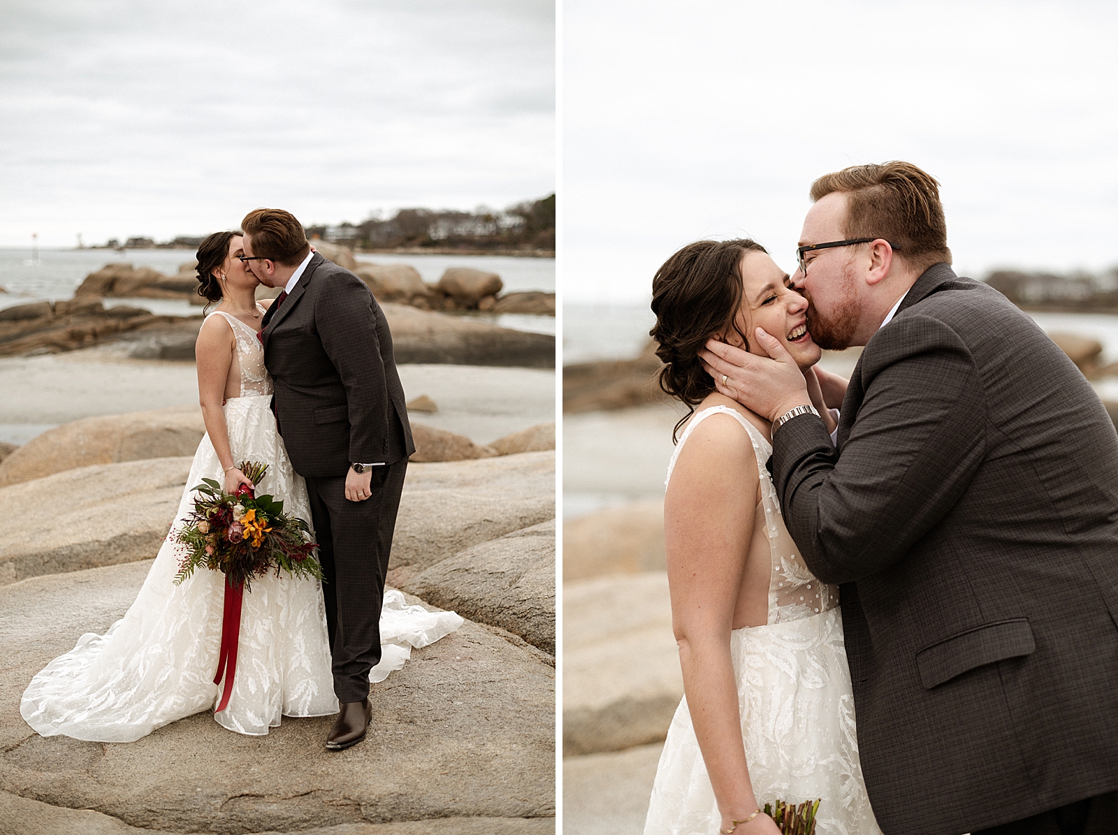 Bride and Groom kissing standing on rocks on the beach