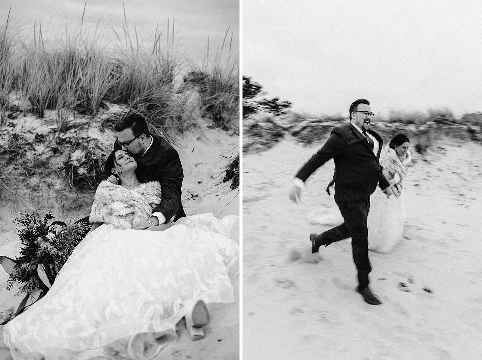 B&W Bride and Groom sitting on the sand together