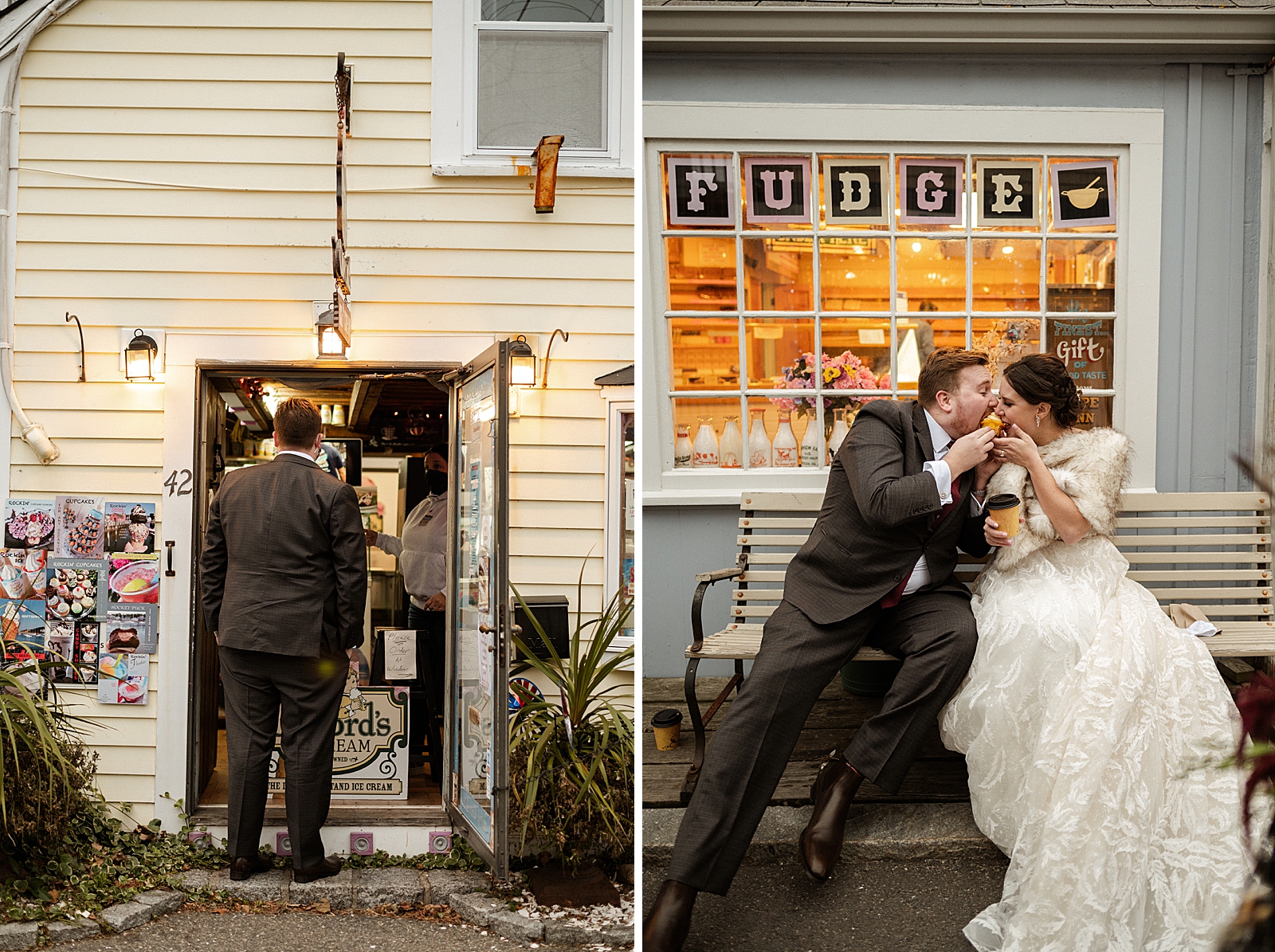 Bride and Groom grabbing baked goods and coffee at local shop