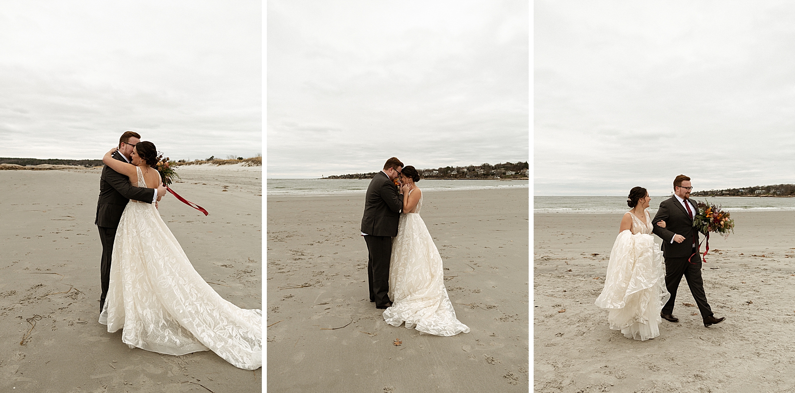 Emotional Bride and Groom hugging and walking on the sand together