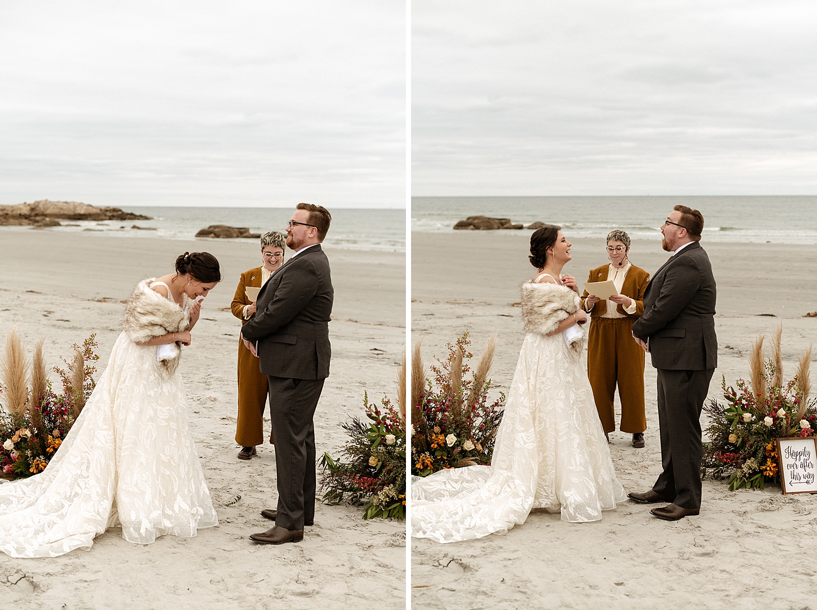 Bride and Groom laughing during beach Elopement Ceremony