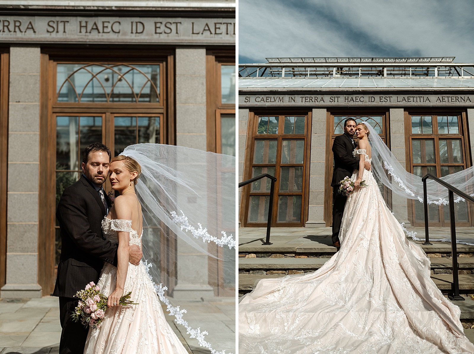 Bride and Groom holding each other in front of historic building