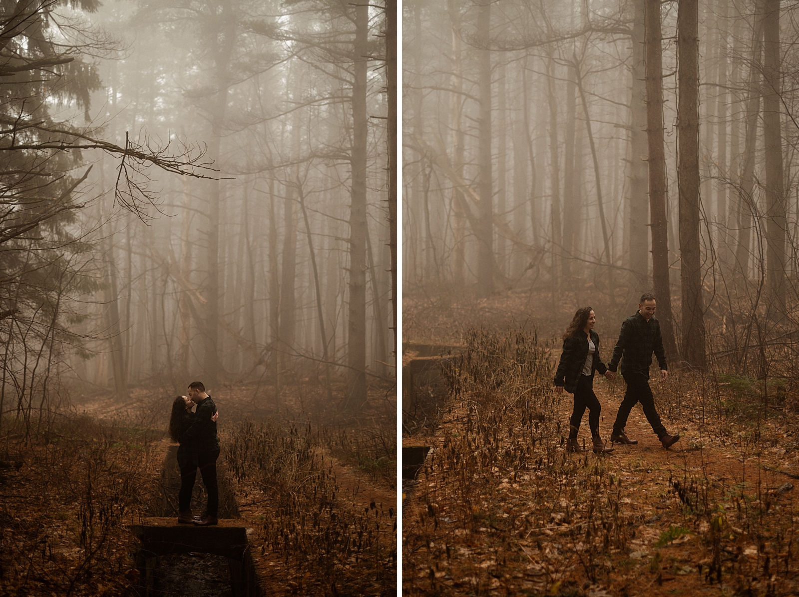 Couple standing on small plank in foggy autumn forest