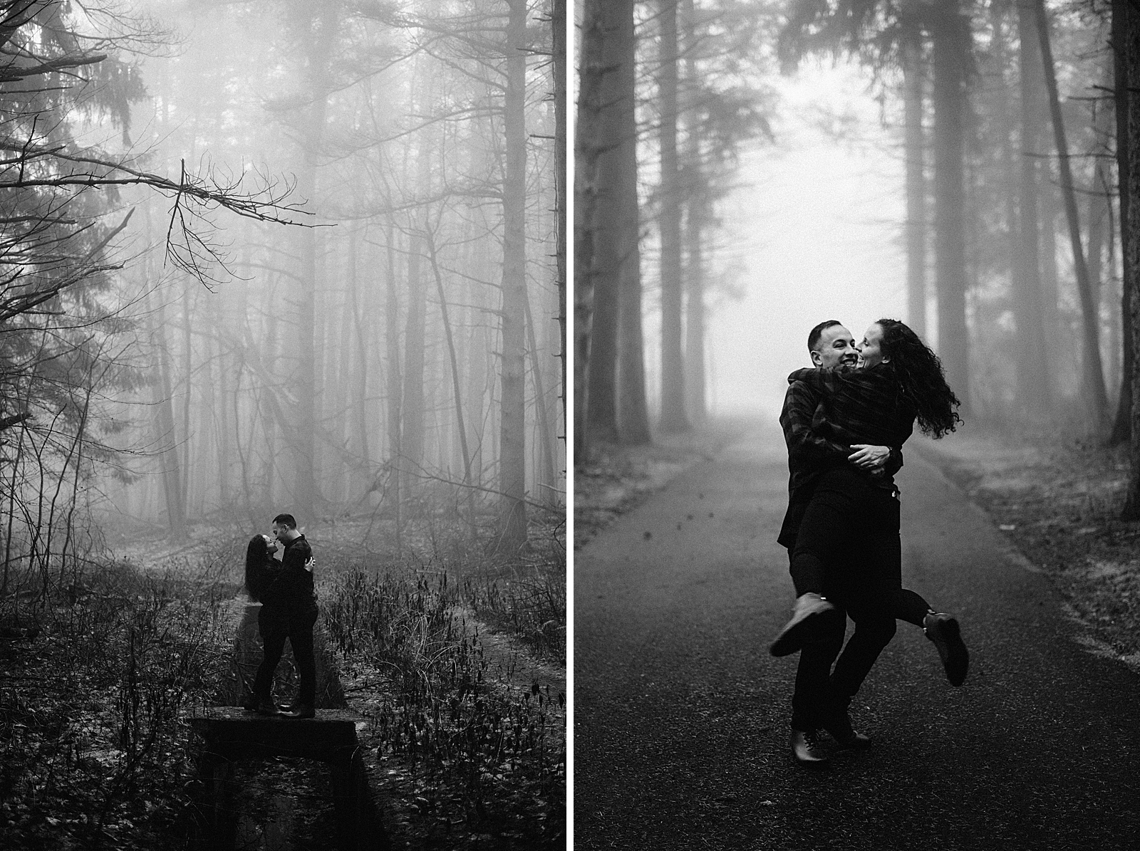 B&W Couple standing on small plank in foggy autumn forest
