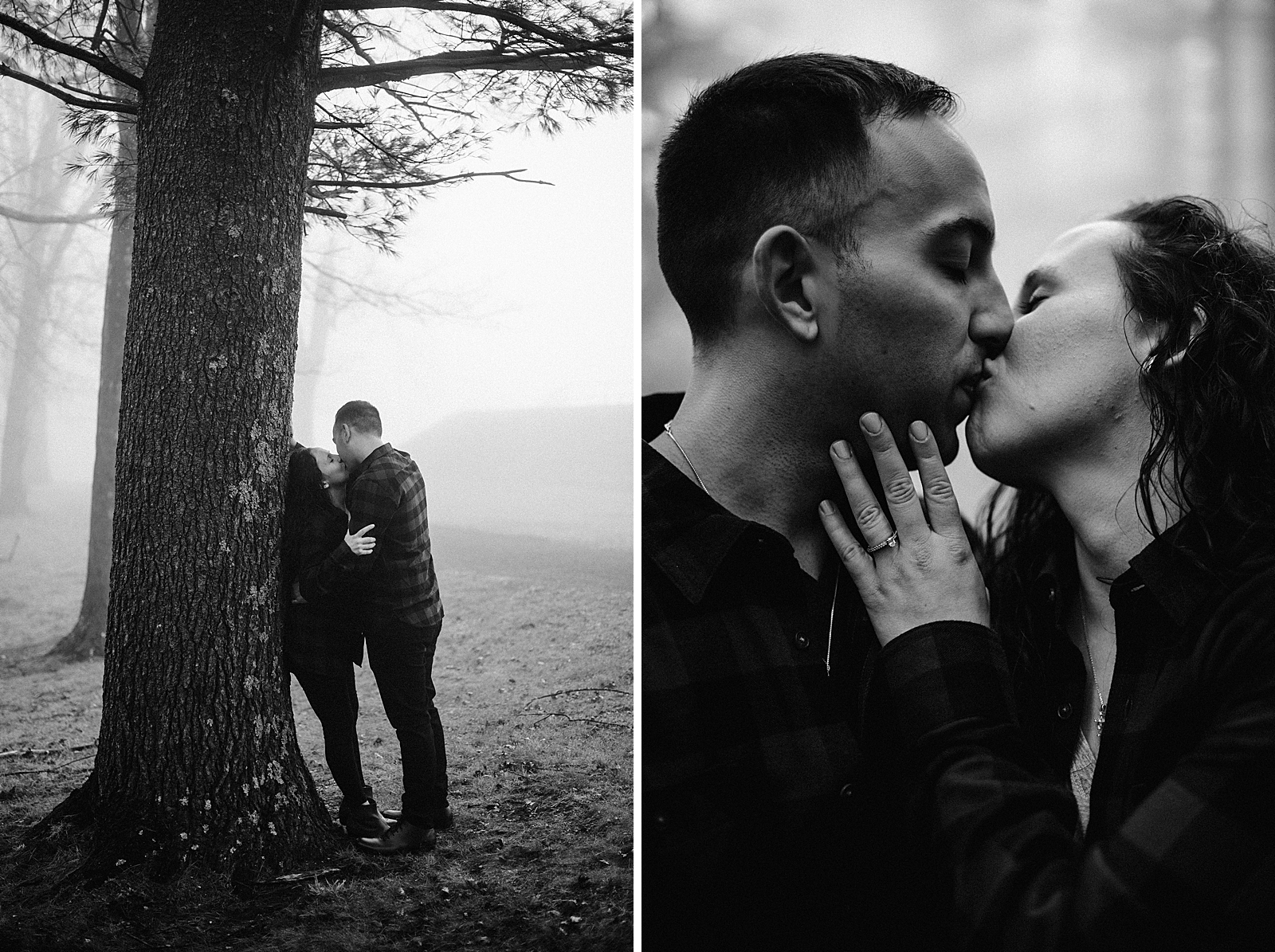 B&W Couple leaning on tree in misty forest