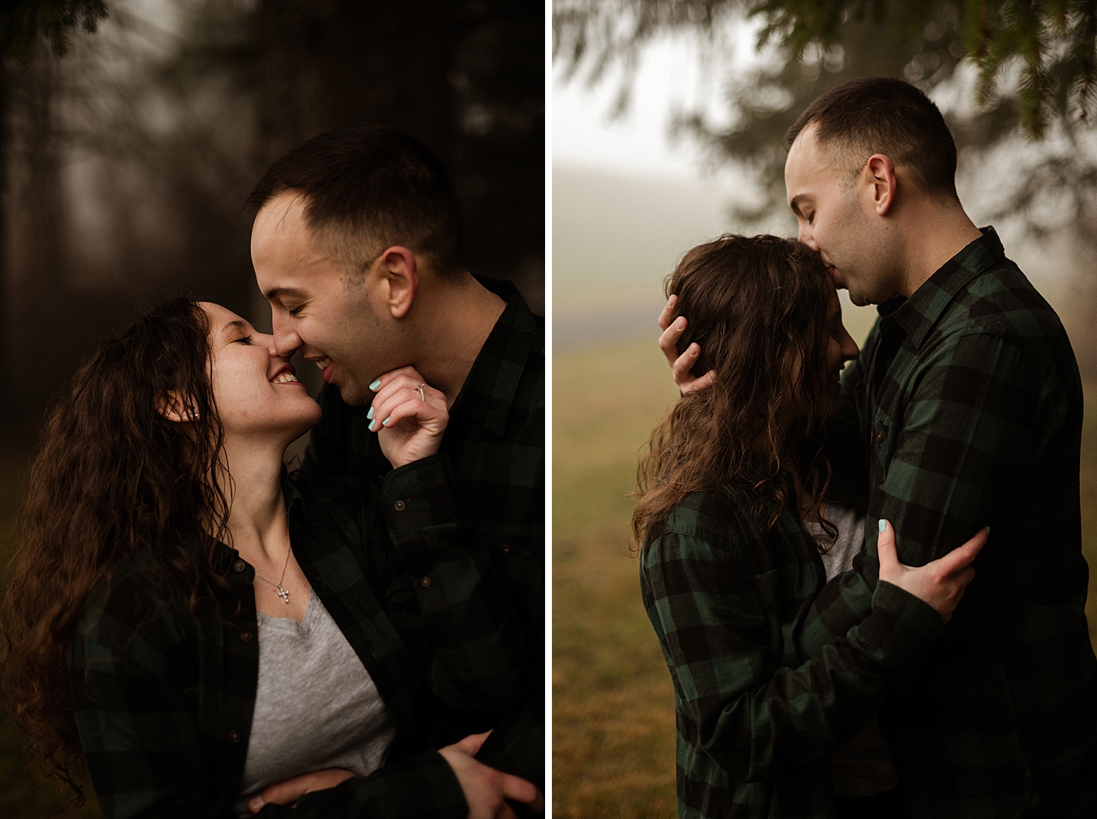 Couple leaning in to kiss in dark forest