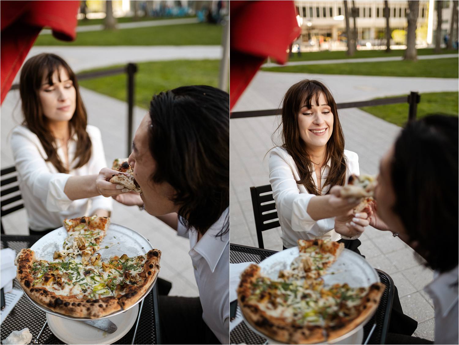 Bride feeding groom pizza kendall square elopement