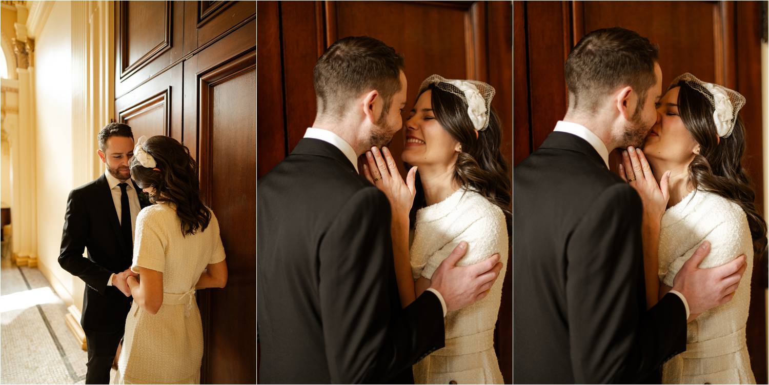 Vintage inspired bride and groom kiss  during portraits