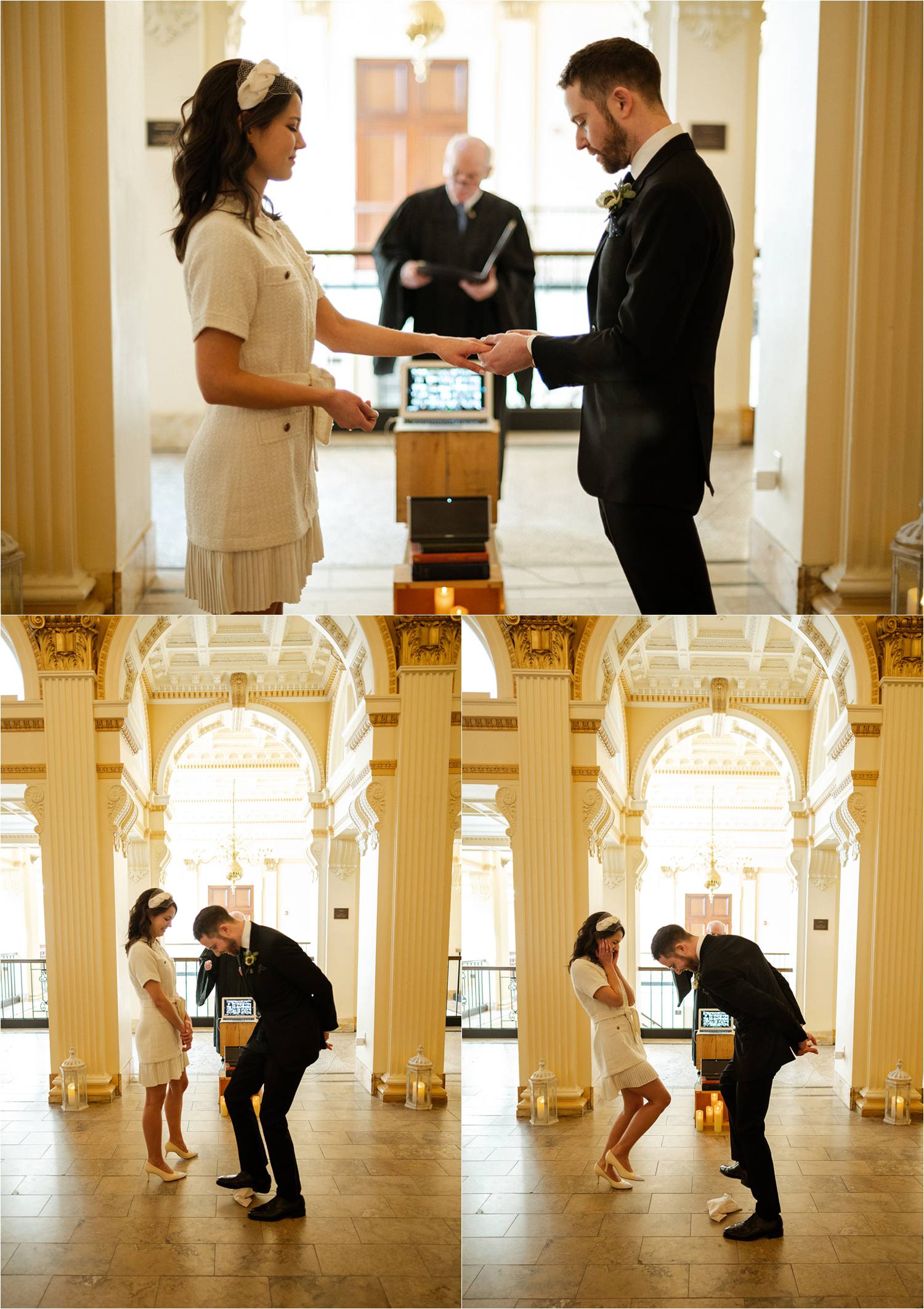 Bride and groom exchange rings and groom steps on glass during wedding ceremony
