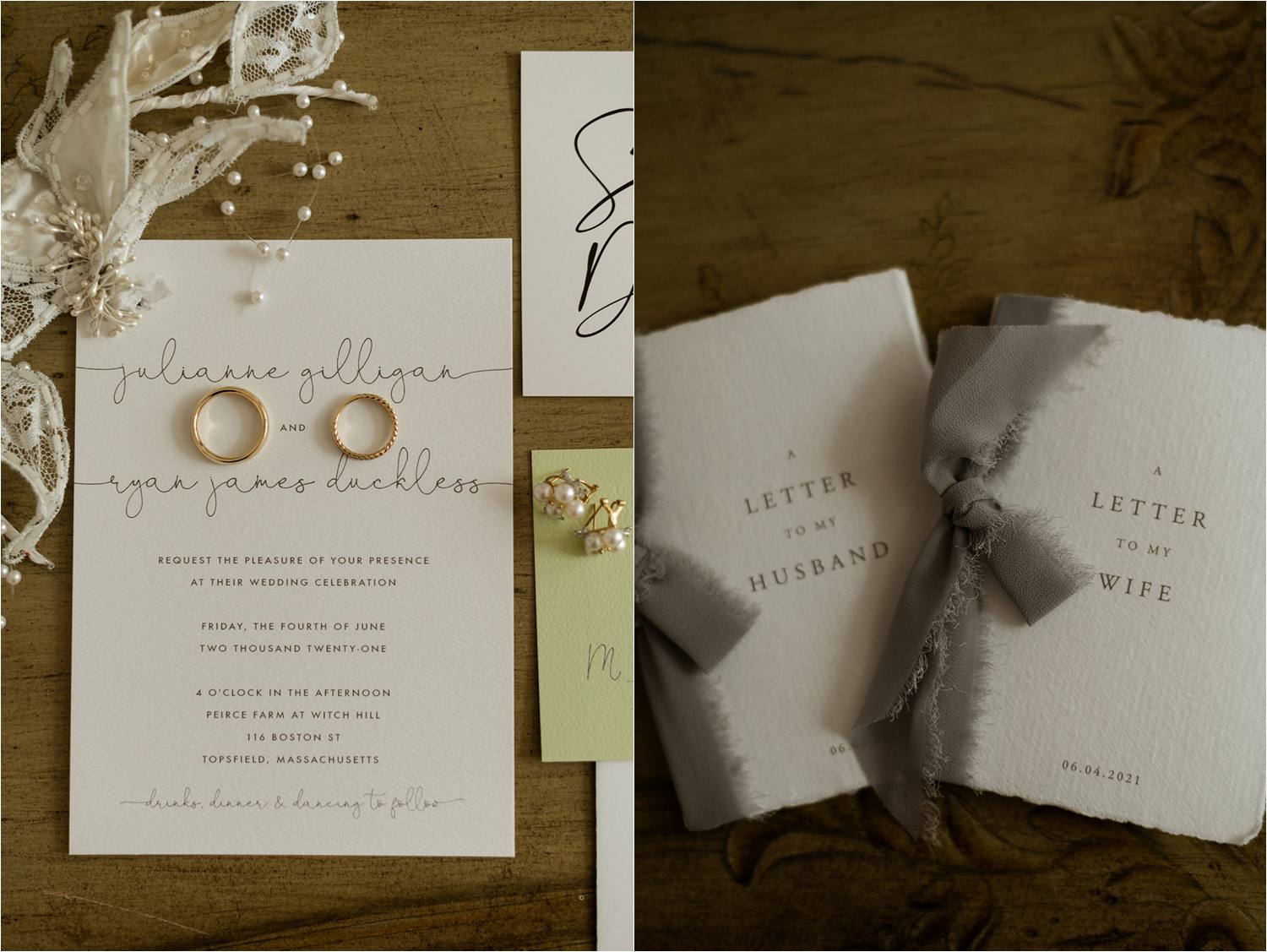 Flat lay invitation details and vow books