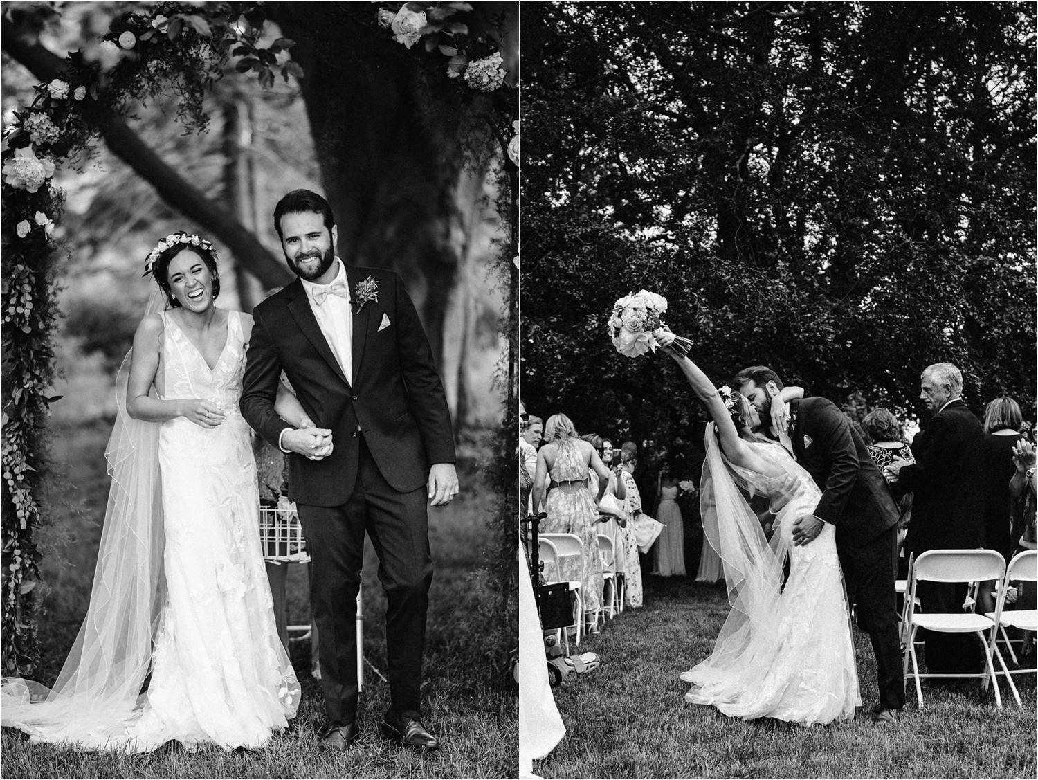 Black and white photos of bride and groom during recessional