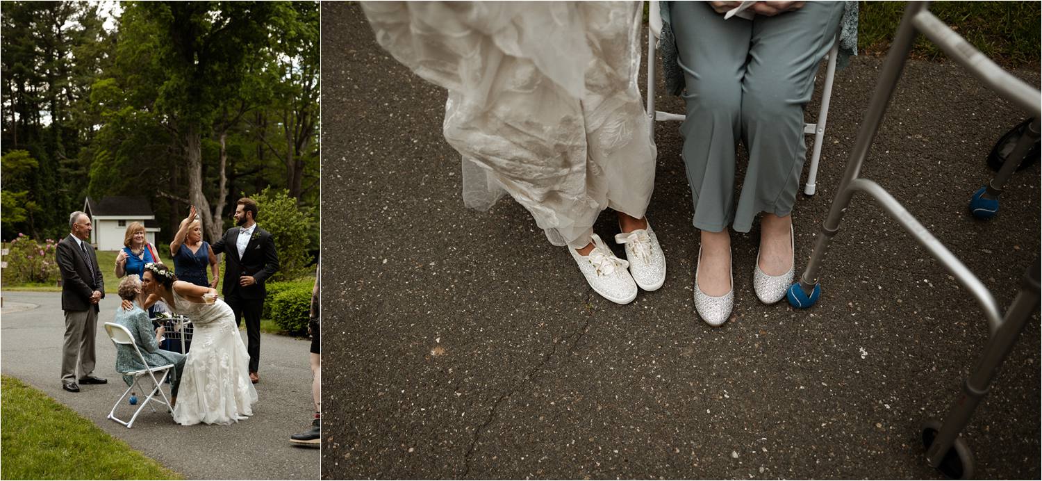 Bride chats with Nana during cocktail hour and poses with matching shoes