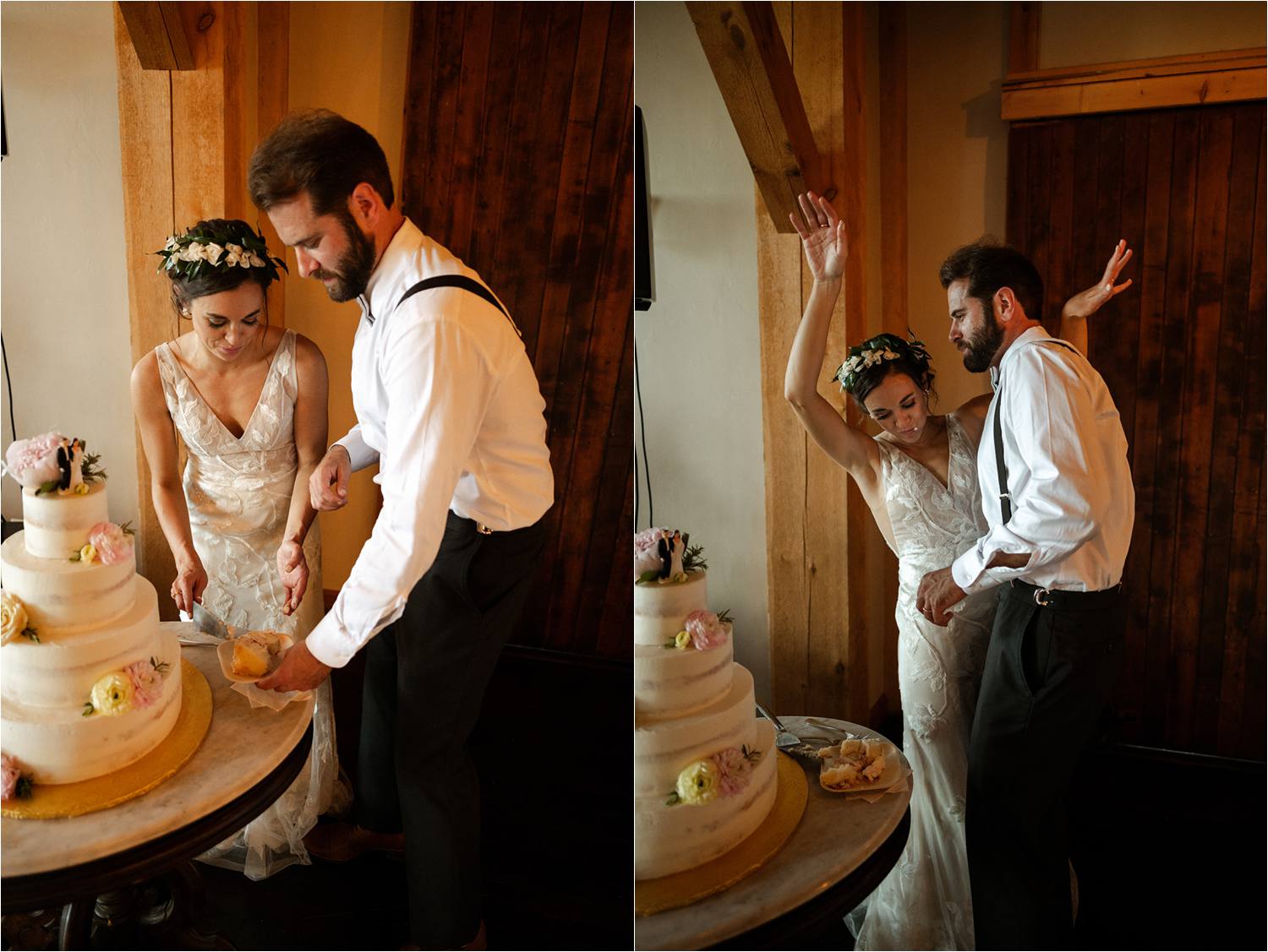 Bride and groom during cake cutting at rustic barn reception
