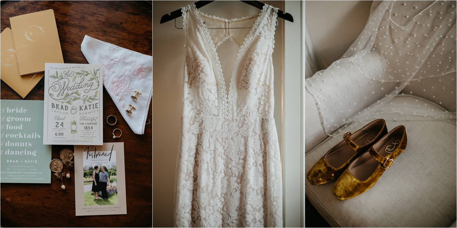 Wedding Details Flat Lay and BHLDN Bridal Gown.