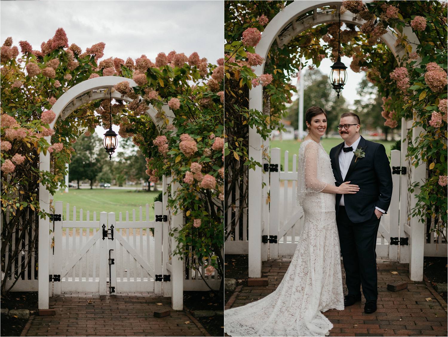 Bride and groom portrait infront of gate at the Commons 1854 Wedding