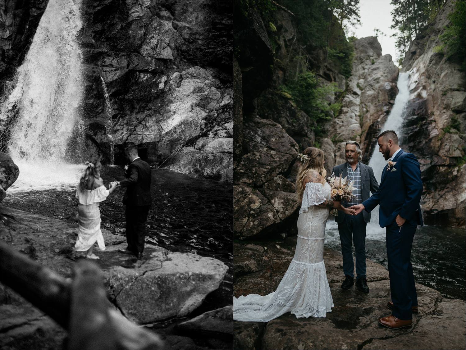 Boho bride and her groom share vows in front of waterfall