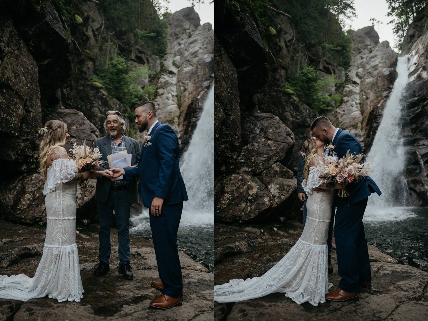 Boho Bride and groom first kiss in front of Glen Ellis Falls
