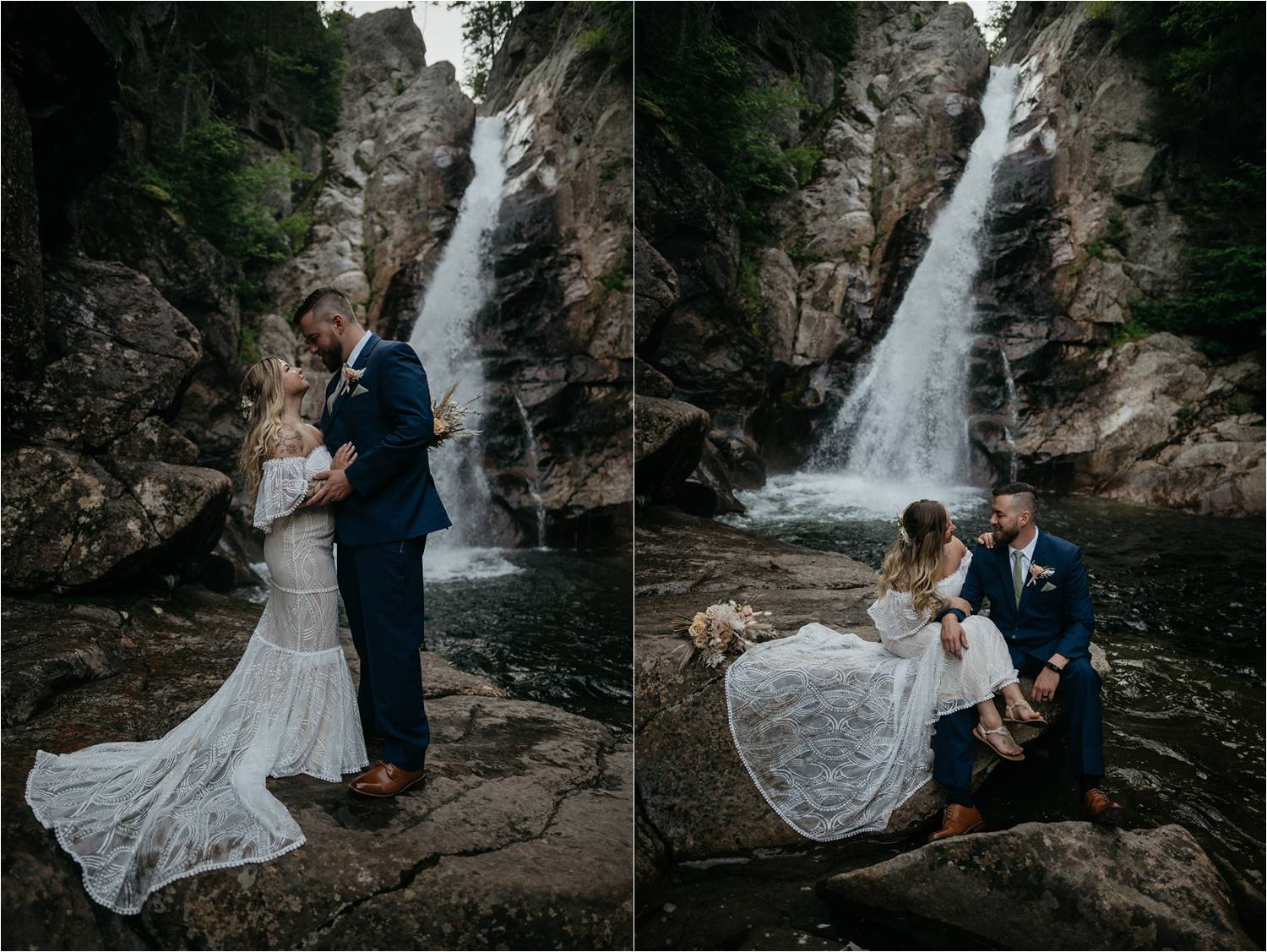 Boho bride and her groom pose in front of Glen Ellis Falls during their White Mountains Elopement