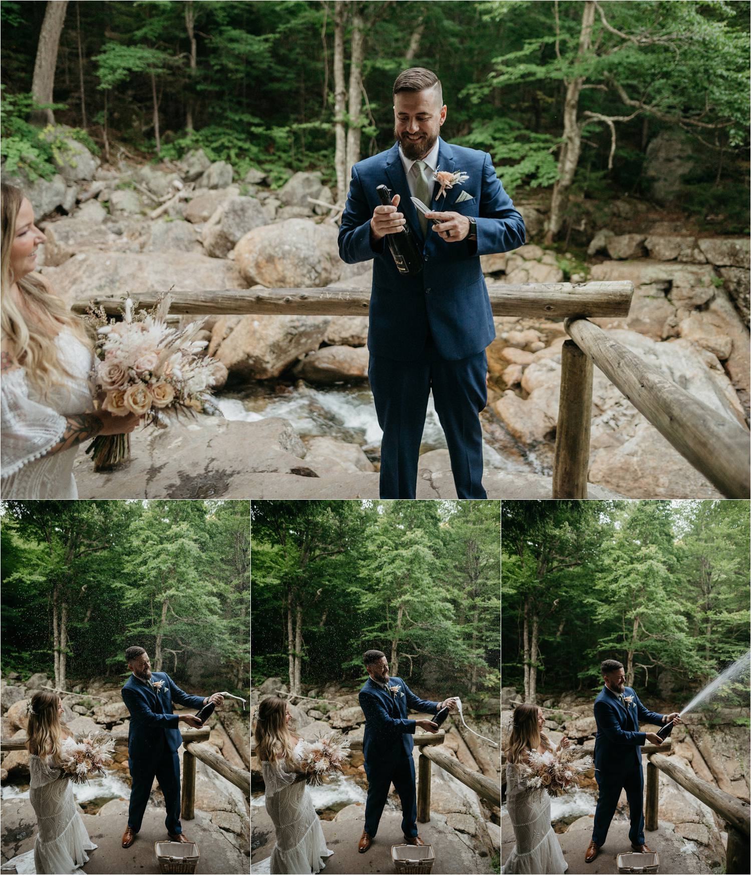 Bride and groom sharing champagne after eloping in the white mountains.