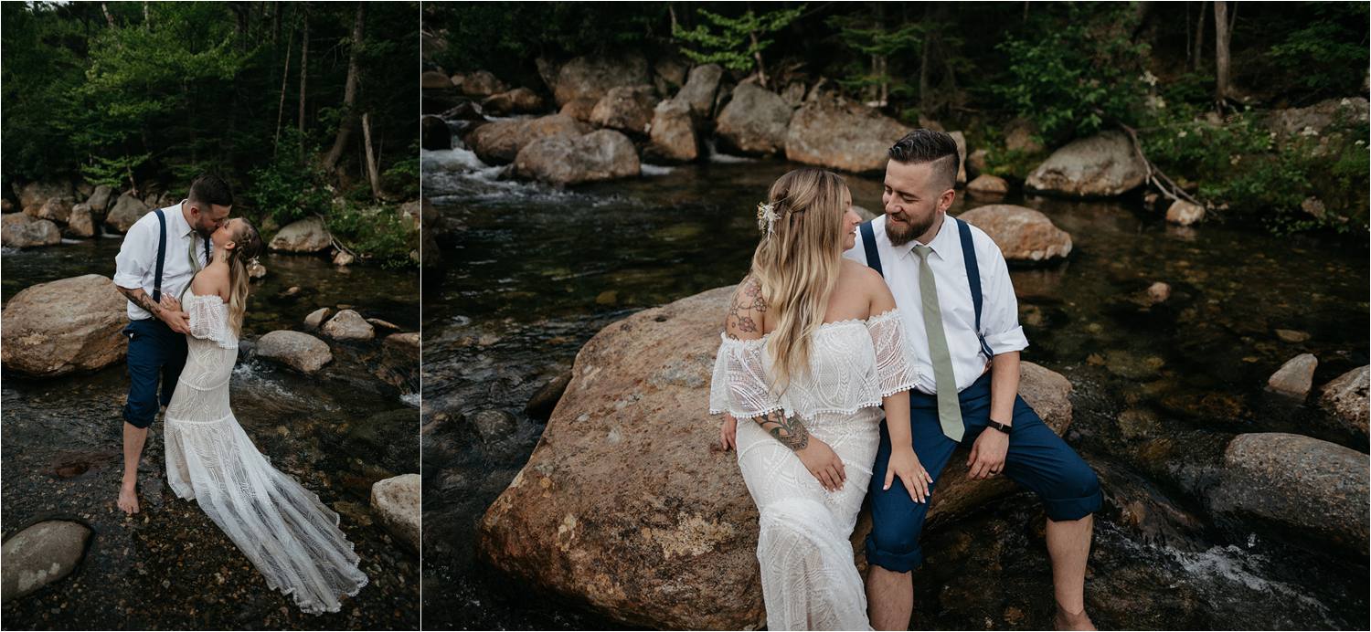 Boho Bride and groom walk through water at Glen Ellis Falls