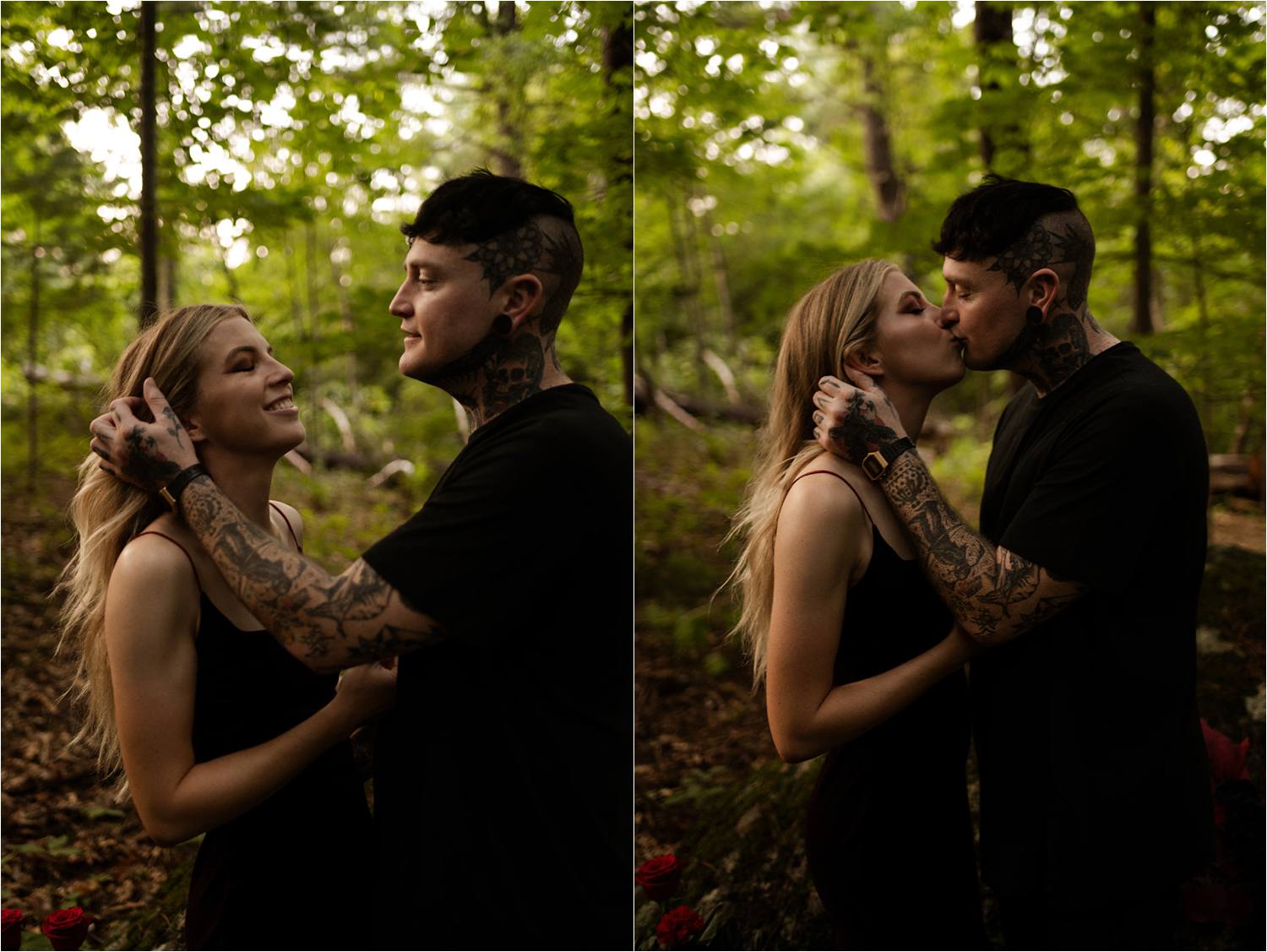 Tattooed Couple in Woodsy boston engagement session