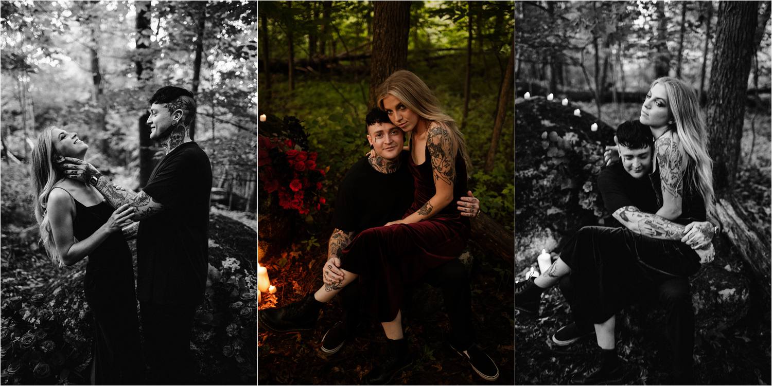 Candlelit engagement session with tattooed couple