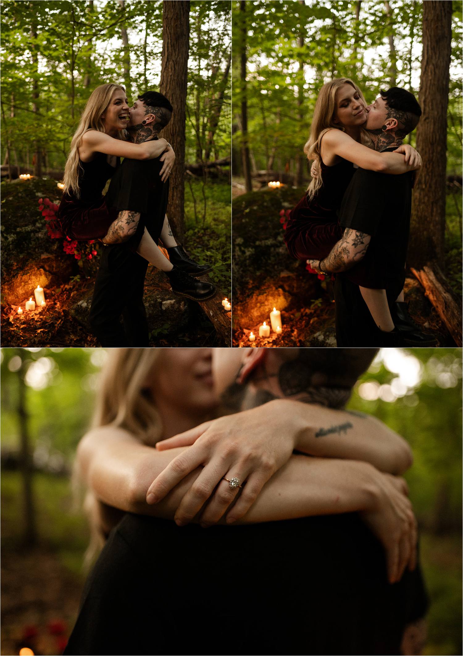 Candlelit engagement session with tattooed couple