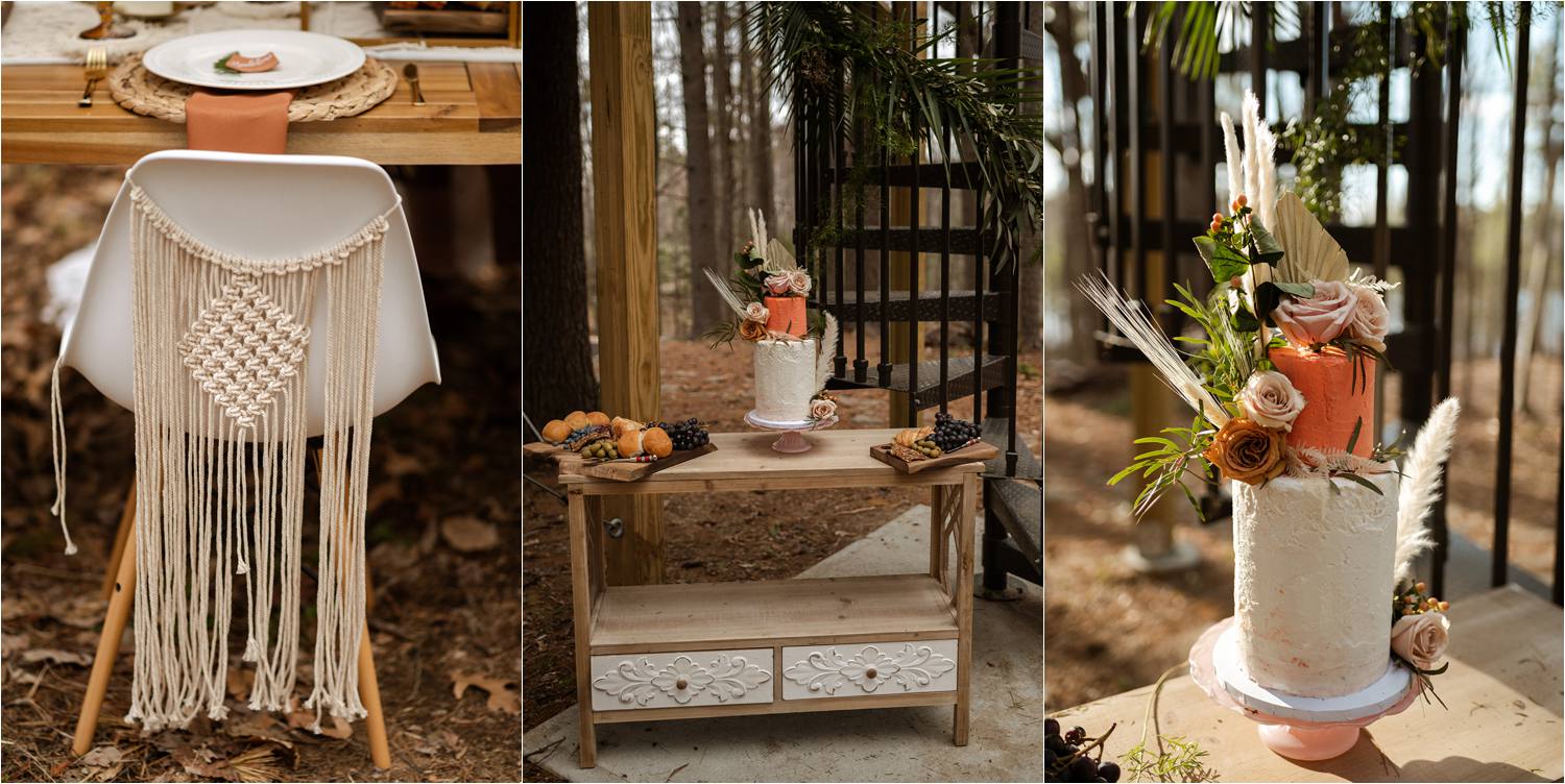 Boho cake and macrame details for Maine Treehouse Elopement