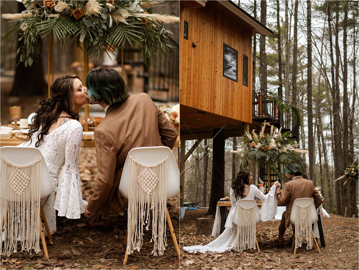 Bride and groom sit at intimate table setting with treehouse in background during maine elopement