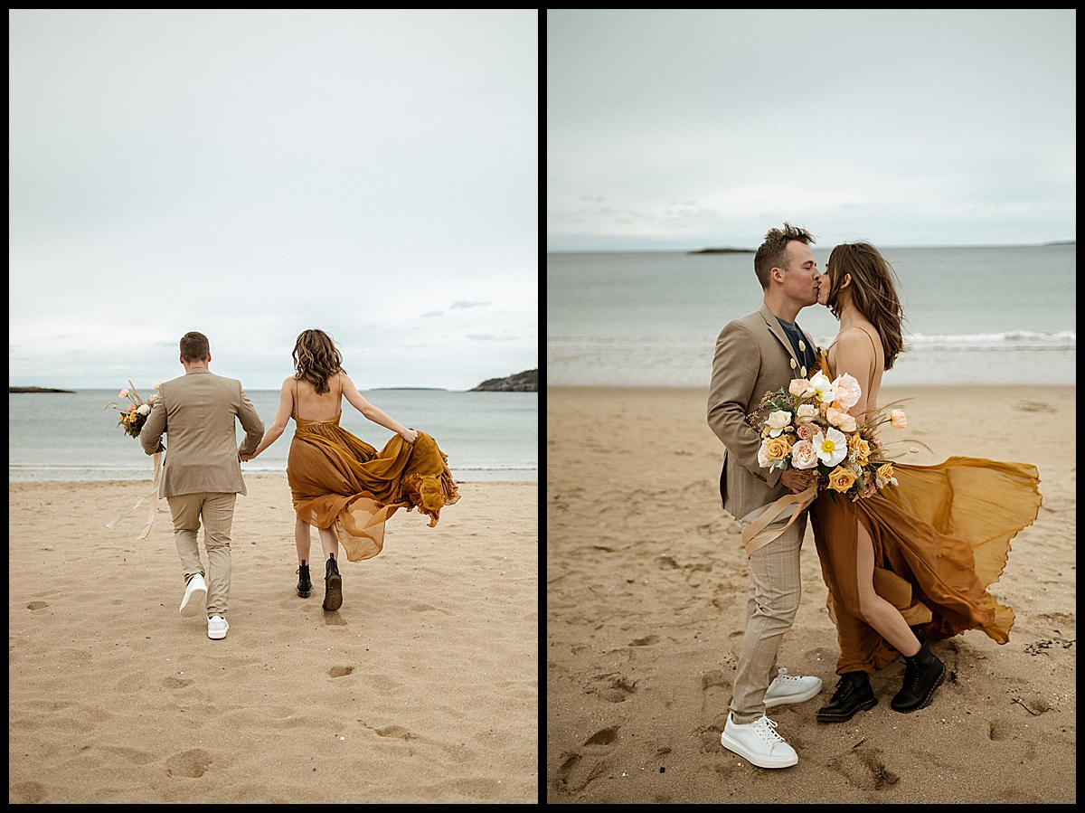 Bride and groom on Sand Beach in Acadia National Park Elopement