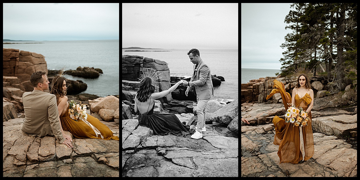 Portraits on cliffs in Maine of bride and groom during elopement