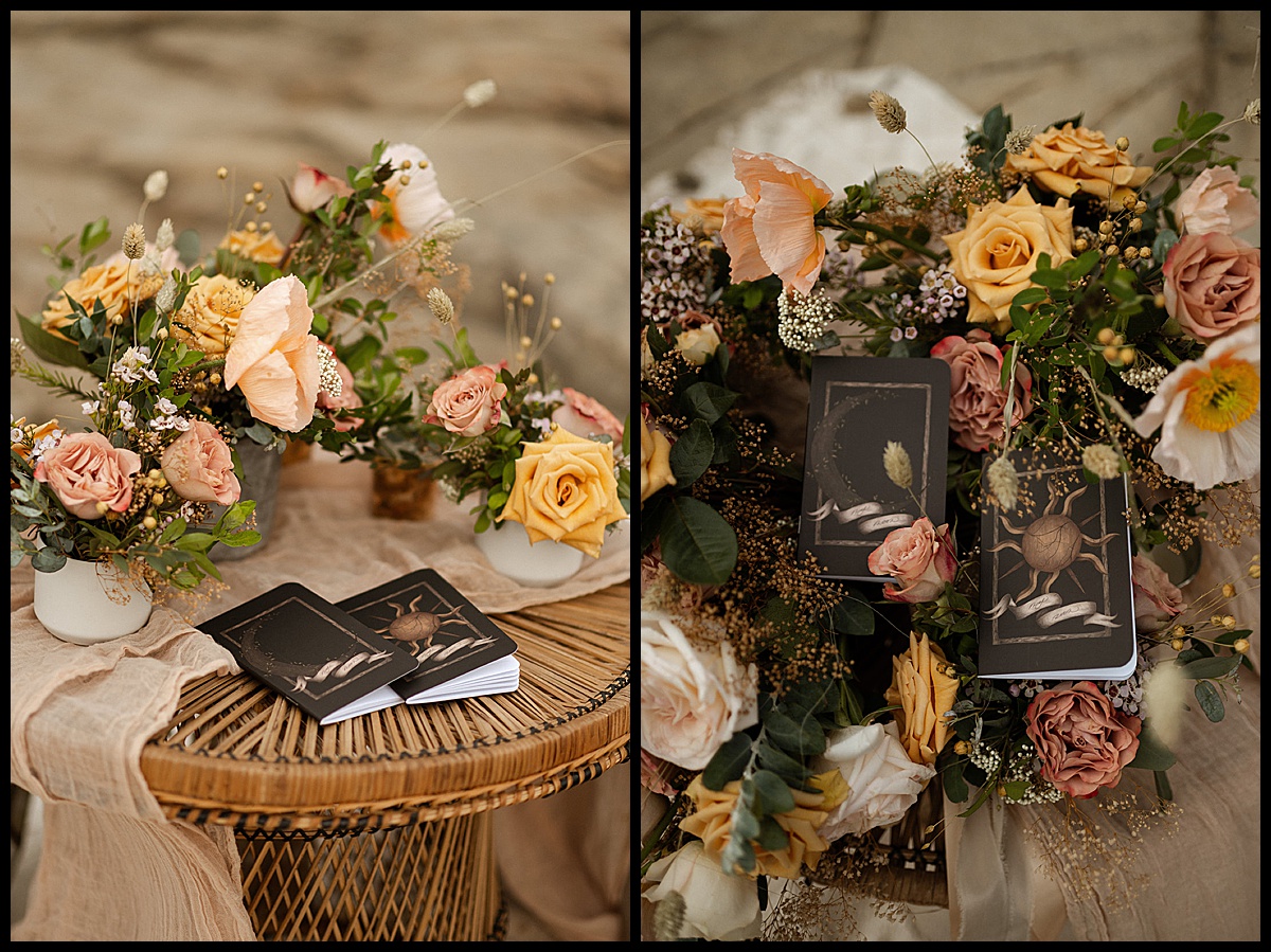 Detail photos of bouquet and custom sun and moon vow books