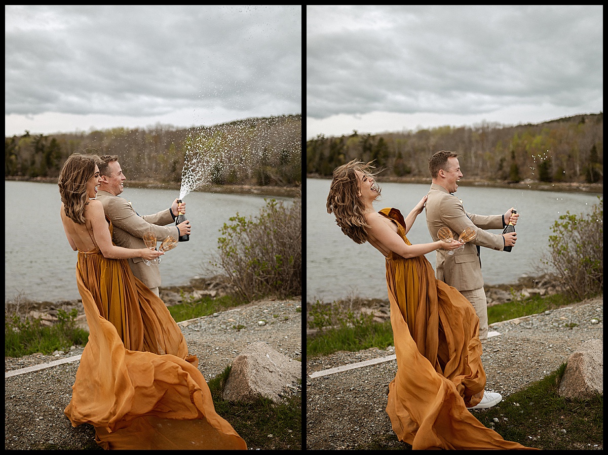 Couple pops champagne during elopement