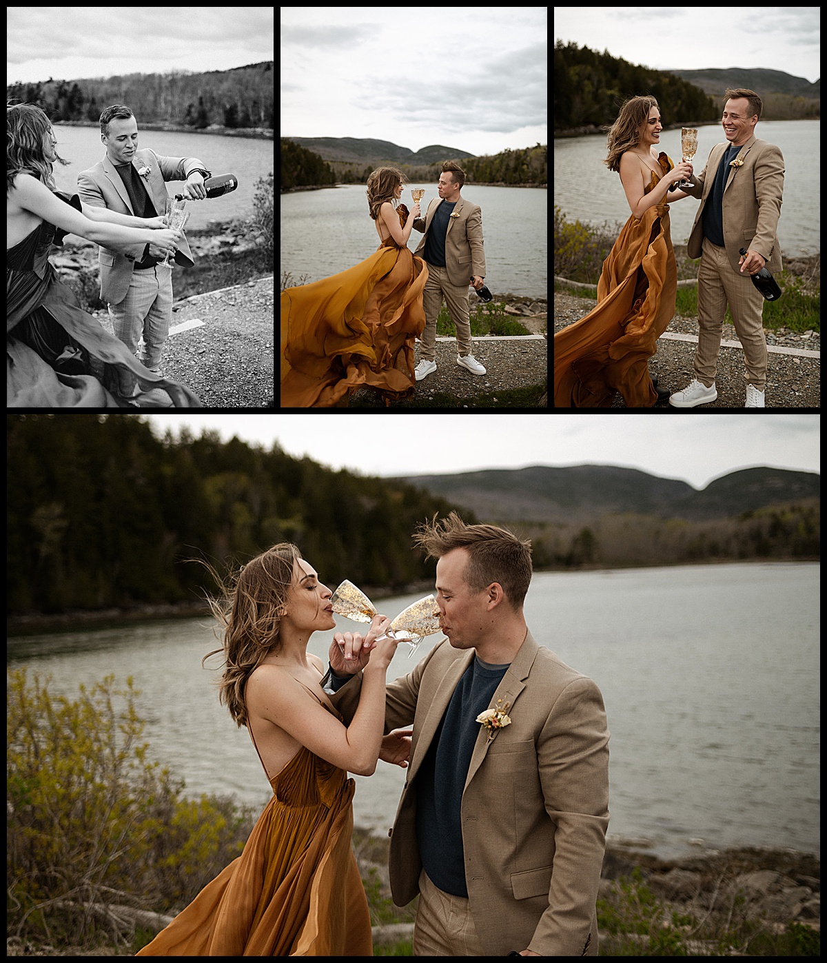Couple enjoys champagne during acadia elopement
