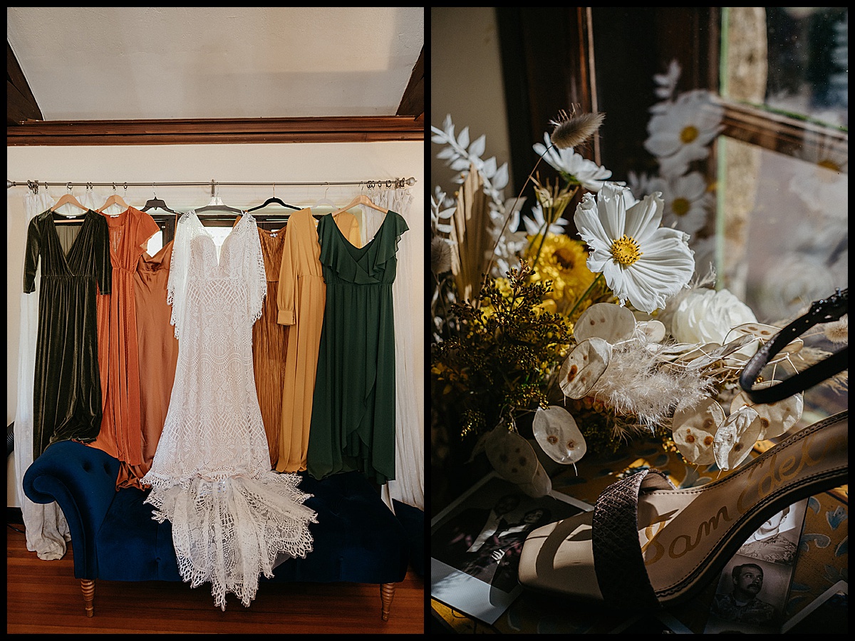 Mismatched bridesmaids dresses hanging and dried floral bouquet
