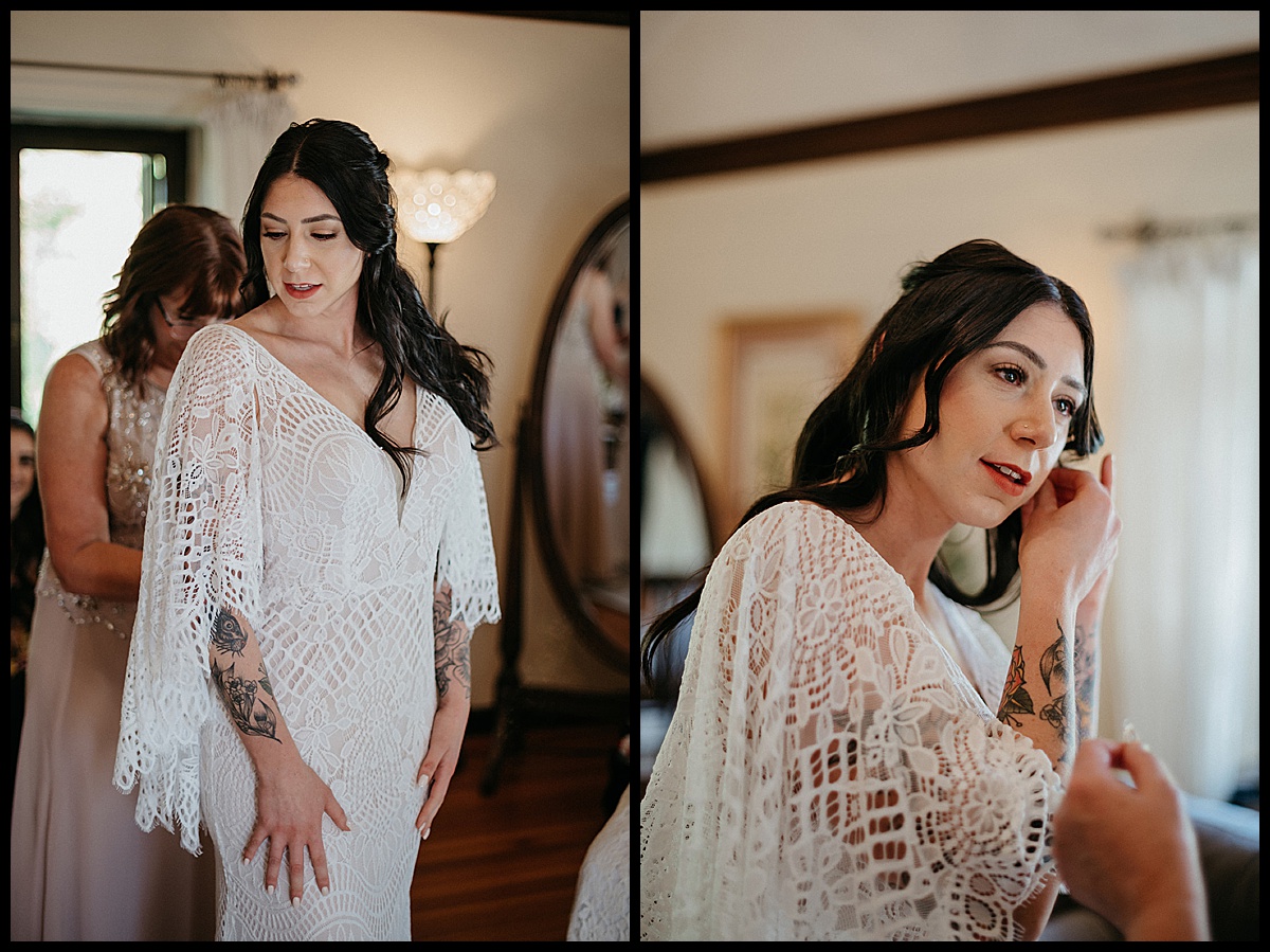 Bride Getting dressed in Bridal Suite at Willowdale Estate