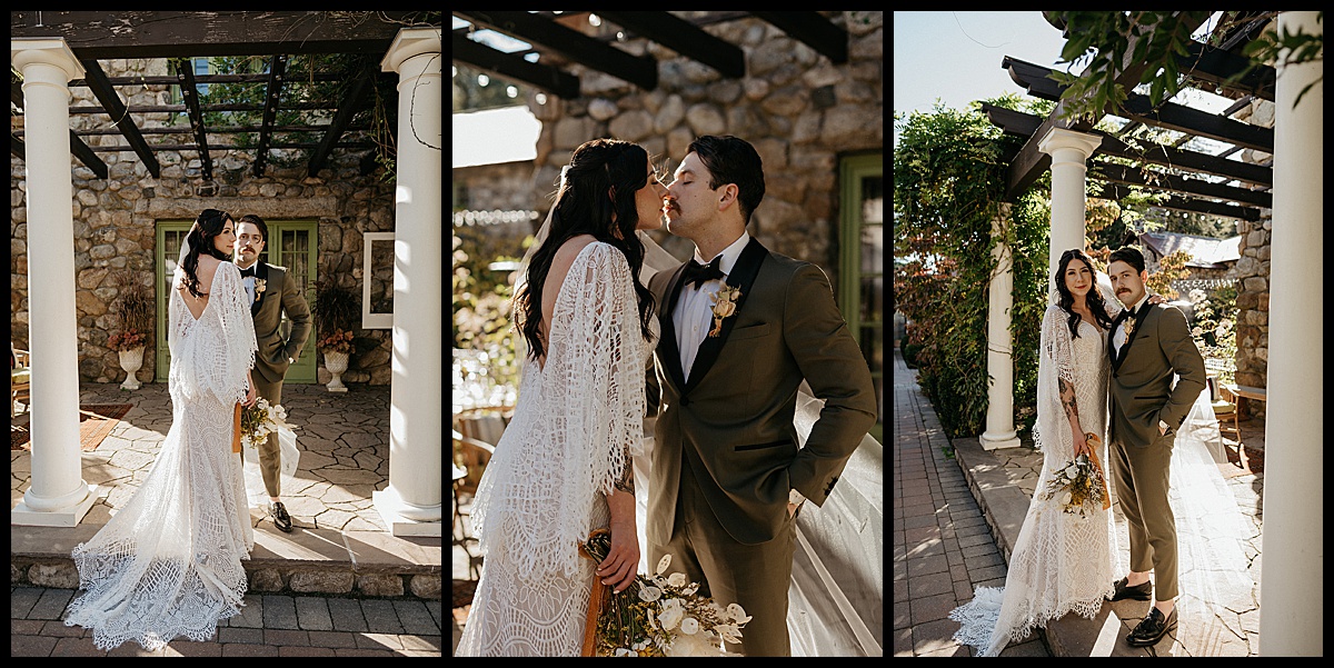 Romantic portraits of bride and groom outside Willowdale Estate