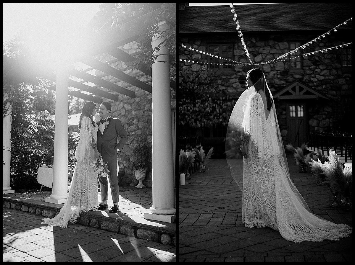 Black and White portraits of bride wearing BHLDN gown and groom in 9Tailors Suit