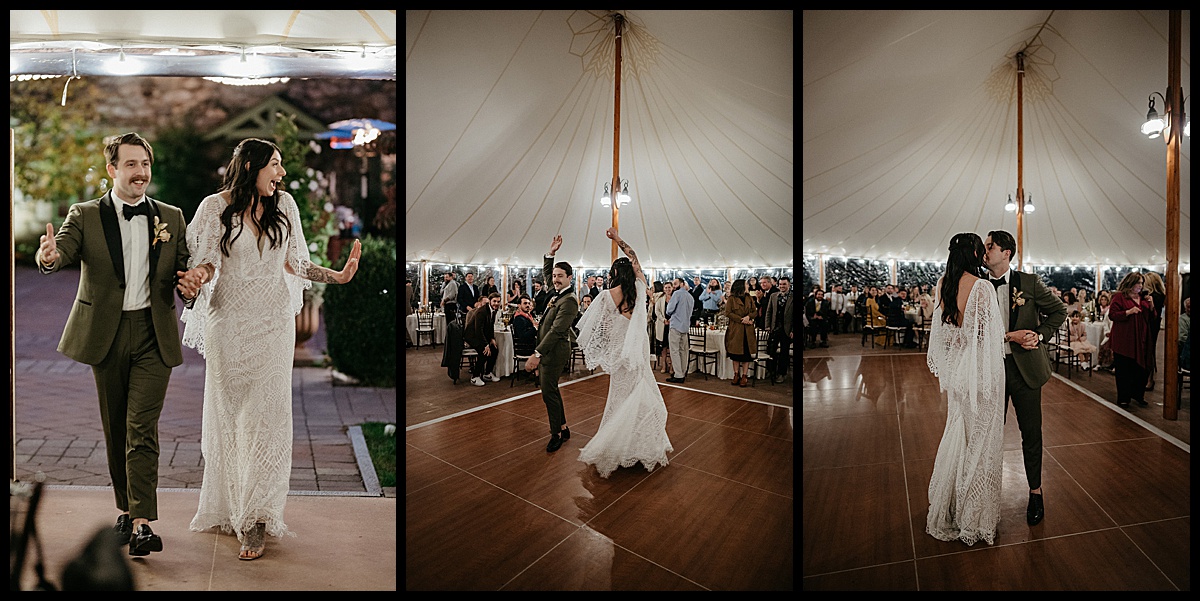 Bride and groom first dance under sperry tent at willowdale estate