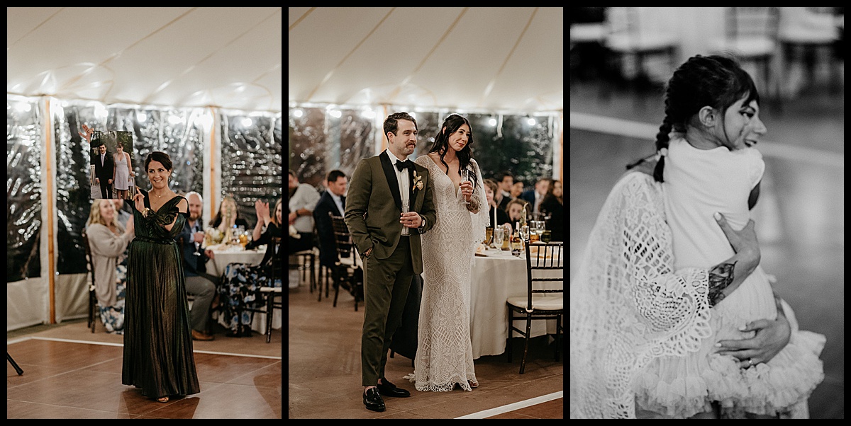 Bride and groom reactions during reception speeches