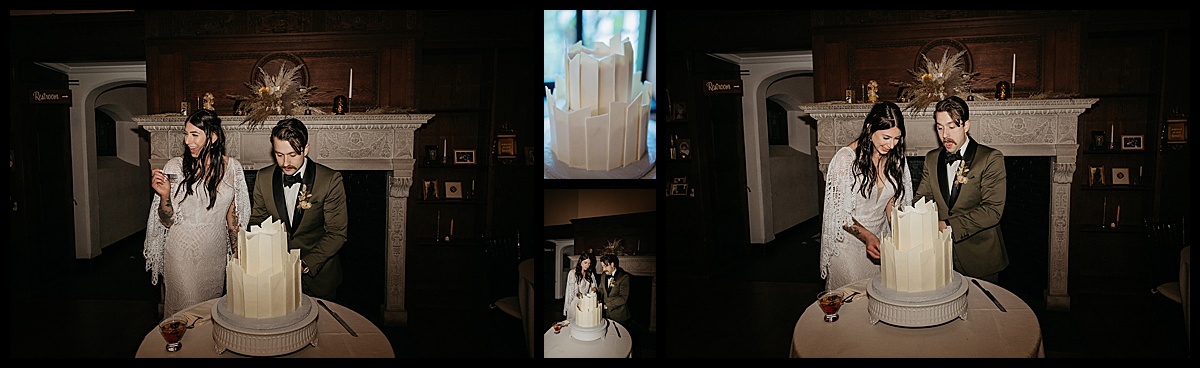 Bride and groom cut cake together at willowdale estate wedding