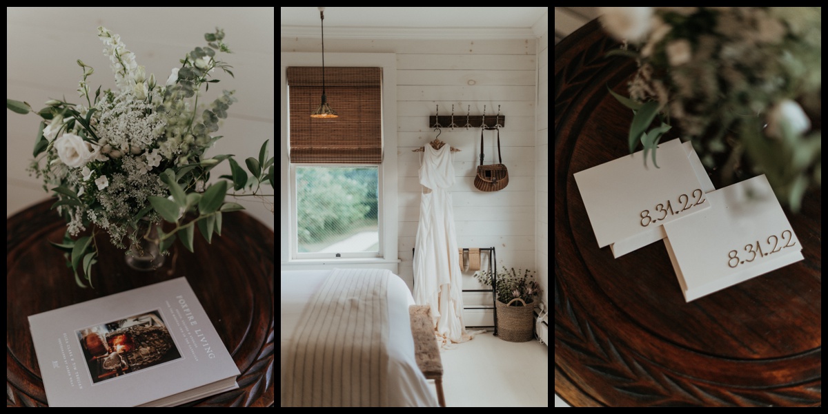 Nordeen Bridal gown hanging in room at Foxfire Mountain House Elopement