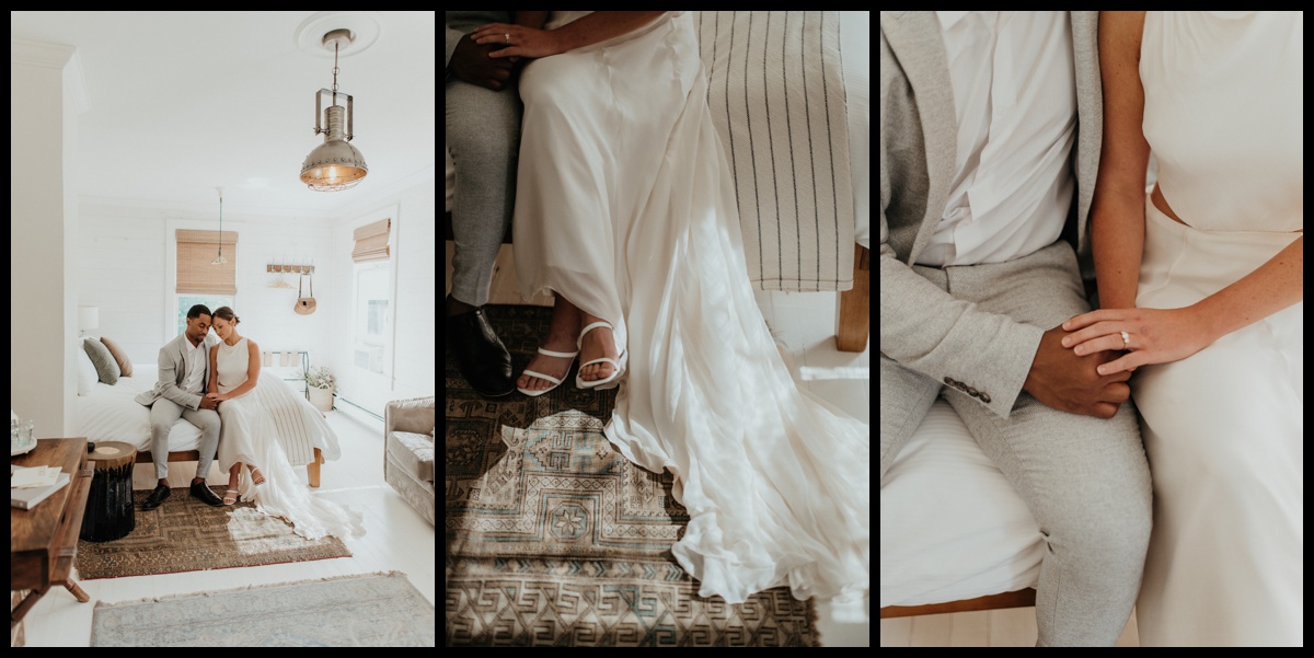 Bride and Groom portraits inside suite at the Foxfire Mountain House
