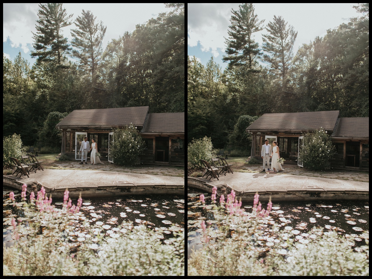 Bride and groom walk together in front of pond at Foxfire Mountain House