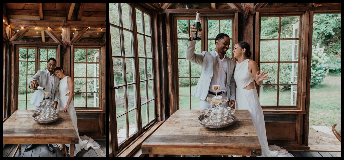 Bride and groom celebrate elopement with champagne tower