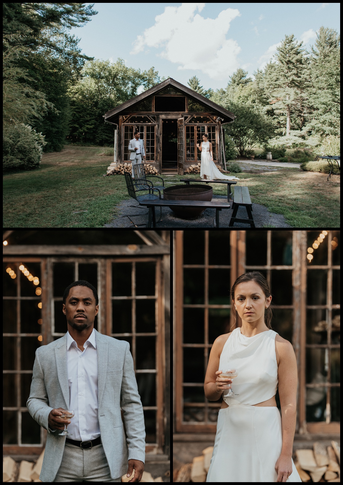 Bride and groom pose together in front of garden house at Foxfire Mountain House